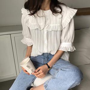 [무료배송]공주풍 카라 프릴 퍼프 레이스 블라우스 여름 펀칭 아일렛