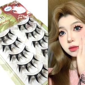 길고 두꺼운 작은 악마 코스프레 고양이 눈 속눈썹 천연 블랙 밴드 크로스 수제 5 쌍