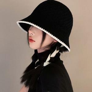 여성 여름 배색버킷햇 니트짜임 벙거지 왕골 밀짚모자