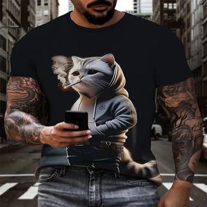 라운드넥 티 셔츠 패션 남자 숏 T 고양이 패턴 풀오버 스트레치 캐주얼 3D 프린팅 남성 의류
