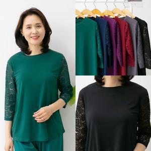 마미소 심플 라셀 7부 라운드 셔츠 국내생산 펀칭 레이스 엄마 할머니 빅사이즈 40 60 마담 중년 여성 옷