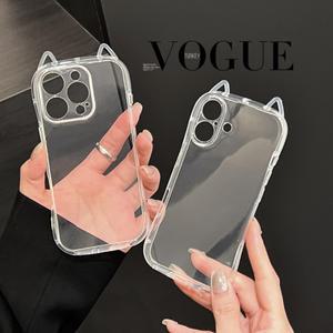 패션 클리어 3D 귀여운 고양이 귀 전화 케이스 iPhone 16 15 14 13 12 11 Pro Max 7 8 Plus X XR XS MAX 충격 방지 소프트 TPU 커버