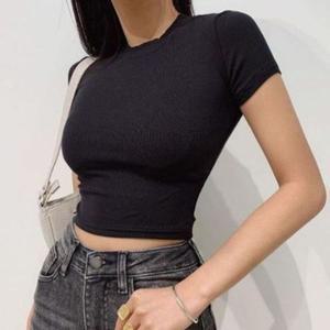 [기타]여성 골지 세미크롭 반팔티 1P 데일리 무지 티셔츠 크롭반팔