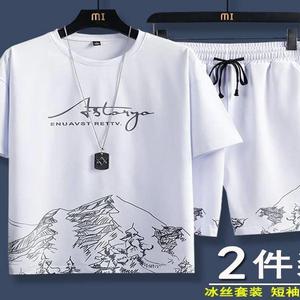 머슬핏 반팔 헬스 티 셔츠 오버핏 클리어런스 해외 무역 트렌디 남성 여름 캐주얼 반바지 남자 아이스 실크