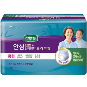 디펜드 남녀공용 프리미엄 안심플러스 언더웨어 성인기저귀 중형, 14개입, 1