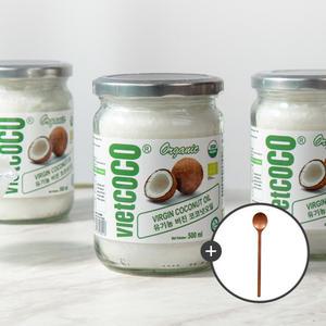 비엣코코 오가닉 코코넛오일 버진100% 바르고 먹는 오일 500ml 3병 + 우드스푼