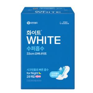 화이트 수퍼흡수 오버 나이트 33 저자극 생리대 날개형 패드형 28개입 3팩