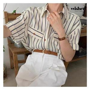 [위시드]데일리 카라넥 스트라이프 포켓 반팔 셔츠 (WIBBBL060)
