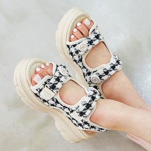 체크 패브릭 키높이 슬리퍼샌들 5CM PP-166