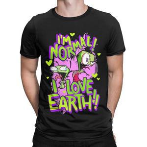 빈티지 피그먼트 워싱 티셔츠  Invader Zim & GIR   라운드 칼라  코튼 탑 I'm Normal Love Earth 여름