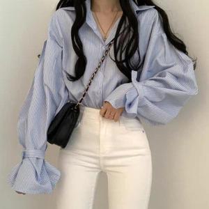 새로본(봄가을)155퍼프소매남방B 빅사이즈 여성블라우스 줄지 스트라이프BL 여자 큰사이즈 오피스록 셔츠