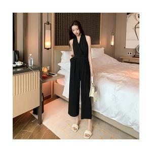 뚜에스틸로 여성 블랙 홀터 점프슈트 하이웨스트 와이드팬츠 여름 ADOR3