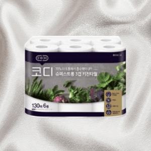 코디키친타올 슈퍼스트롱 3겹 키친타월 무잉크 130매 6개입 3개