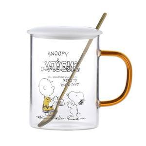 스누피 뚜껑 유리컵 숟가락 세트 370ml-골드 (WEB07F0)