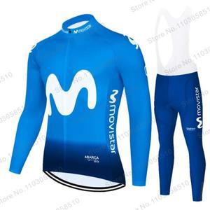 Movistar 남성용 사이클링 저지 자전거 유니폼 긴 소매 여름 MTB 턱받이 바지