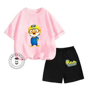 아동복 유아옷 아기옷 뽀로로 프린트 귀여운 디자인 루즈 패션 O넥 티셔츠 스트레치 반바지 캐주얼 카와이