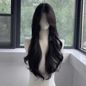 BK 가발 여성용 긴 스트레이트 헤어 머리띠 프론트 코스프레 기질 매일 사용 로리타 블랙 합성