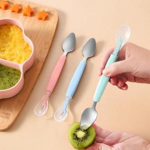 스테인레스 스틸 아기 칼 붙이 실리콘 더블 헤드 긁는 과일 퓌레 스푼 보완 식품