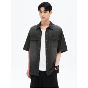워싱 텍스처 데님 반소매 셔츠  블랙 (455565CP15)