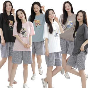 남녀공용 곰돌이 상하세트 잠옷 실외복 여름 여성 남성 프린팅 전사 스판 파자마 반바지 지지미원단