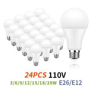 고휘도 LED 전구 가정용 조명 창고용 E26 E12 베이스 6000K 3W 6W 9W 12W 110V 24개