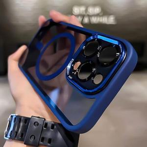 iPhone 16 Pro Max 15 Plus 11 13 14 용 투명 금속 카메라 범퍼 케이스 Magsafe 자석 클리어 폰 커버