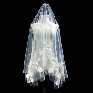 3D 꽃 신부 웨딩 베일 수제 구슬 얇은 명주 그물 흰색 아플리케 부드러운 파티 빗 포함