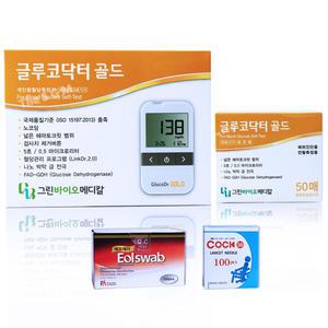 글루코닥터 골드 당뇨 검사 혈당계 시험지 세트[혈당측정기+시험지 50매+솜 100매+침 110개]