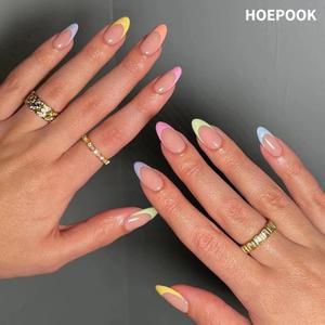 24pcs 프랑스어 무지개 인조 손톱 심플 아몬드 거짓 아트 액세서리와 방수 이동식 인공 프레스