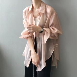 오간자셔츠 커버업 시스루 셔츠 트임 리본끈남방 핑크 블루 화이트 LS091