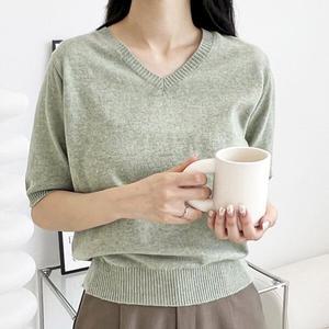 [보슈아][sado]여성 캐시미어 브이넥 반팔니트티 밑단시보리 국내산 1000