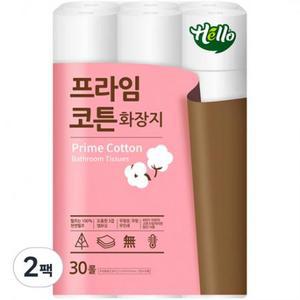 헬로 프라임코튼 3겹 천연펄프 롤화장지 30m 30롤, 2팩 one option