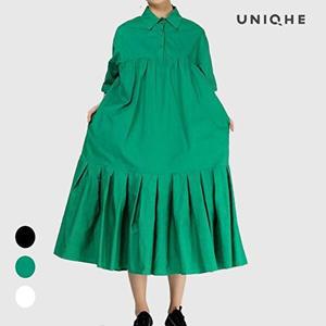 [유니케]카라넥 하단 펀칭 반팔 롱 원피스