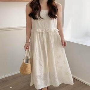 여성 도로시 프릴 뷔스티에 민소매 끈나시 롱 원피스