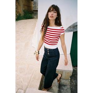 [정품] 자라 탑 티셔츠 민소매 나시 반팔 ZARA 보트넥 스트라이프 탑617534