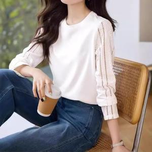 라운드넥 티셔츠 여성 셔츠 티 면 자카드 펀칭 패치 긴팔 가을 기본 상의 admr3