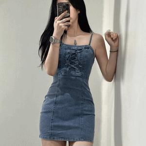 [갓샵]여성 데님 끈 나시 코르셋 원피스 [2color 뷔스티에 워터밤 흠뻑쇼 페스티벌 아일렛 미니원피스]