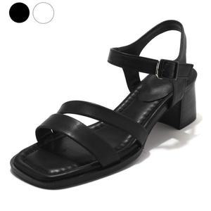 갤러리아 세라 여성 소가죽 스트랩 메리제인 통굽 샌들힐 C24S010 검정 5CM