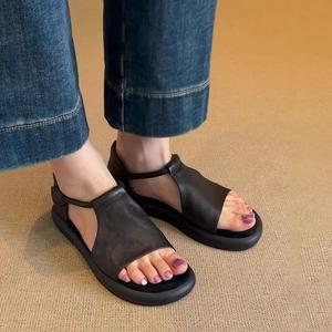 로우힐샌들 소가죽 빈티지 통굽 오픈토 샌들 펀칭 캐주얼 컴포트 플랫 로마 슈즈 M04Z2 여성 여름7 다옴2