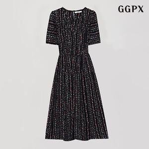 [GGPX]라운드 플라워 패턴 쉬폰 롱 반팔 원피스 (GOBOW042D)