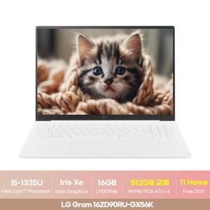 LG그램 16ZD90RU-GX56K 16인치 대학생 사무용 인강용 노트북  인텔 i5 / 16GB RAM / 512GB SSD/ WIN11HOME 한컴2024+무선 마우스+마우스패드  ON