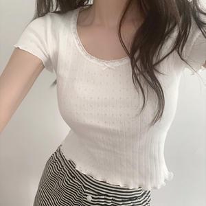 [모코블링] 레이스 리본 반팔티 #반팔티 #리본티 #레이스티 #세미크롭티 #슬림핏