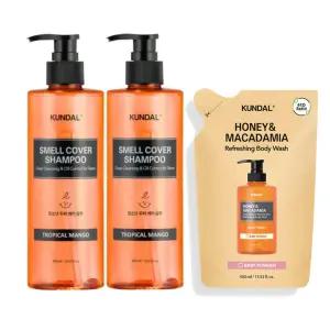 쿤달 올데이 스멜커버 청소년 샴푸, 트로피컬망고, 400ml, 2개 + 증정(네이처 바디워시 리필팩, 베이비파우더향, 400ml, 1개)