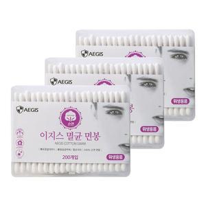 이지스 성인용 순면 멸균면봉 200개입 x 3개 순면면봉 귀이개 고급면봉 성인용면봉