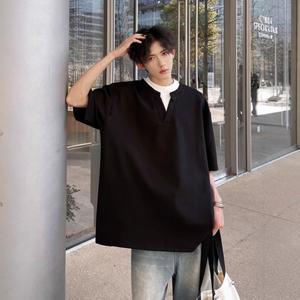 브이넥 반팔티 남성 티 그레이 인조 투피스 어깨 셔츠 여름 반팔 후드 5부 소매 admr1