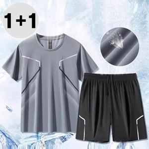[2개세트] 빅사이즈 남성 기능성 쿨링 라인 반바지 반팔 상하세트 (3color)