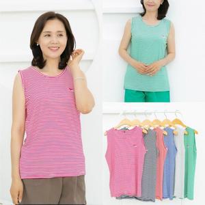 마미소 스트라이프 민소매 줄무늬 여름 시원 심플 면 티셔츠 엄마 할머니 빅사이즈 40 60 마담 중년 여성 옷