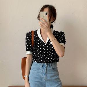 브이넥 퍼프 도트 반팔 블라우스 T1430