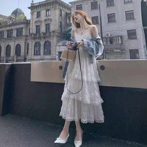 레이스 뷔스티에 캉캉 쉬폰 나시 롱 원피스 여성 휴양지 코디