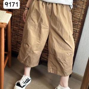 여자바지 면린넨 여름 면 차이나 캐주얼 바지 밴딩 기본 7부 와이드 팬츠 원템1